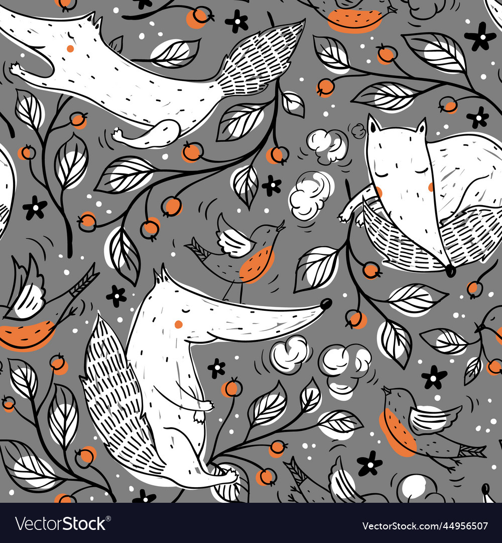 Floral seamless pattern with white foxes