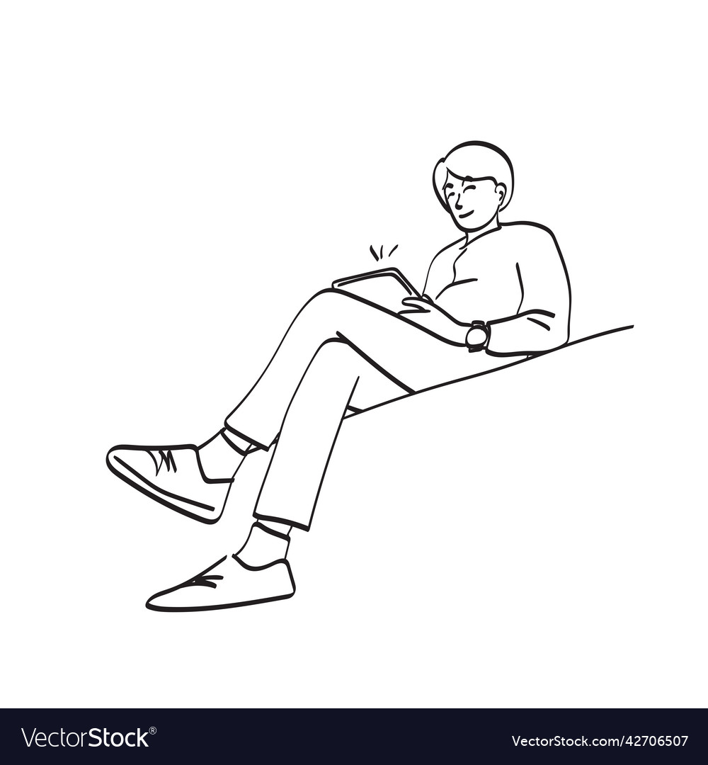 Line art businessman using tablet hand