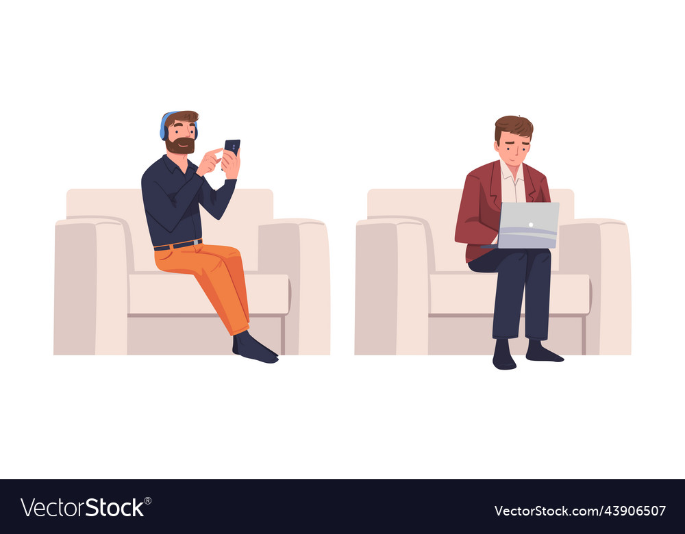 Man character with digital device sitting vector image Man character with digital device sitting