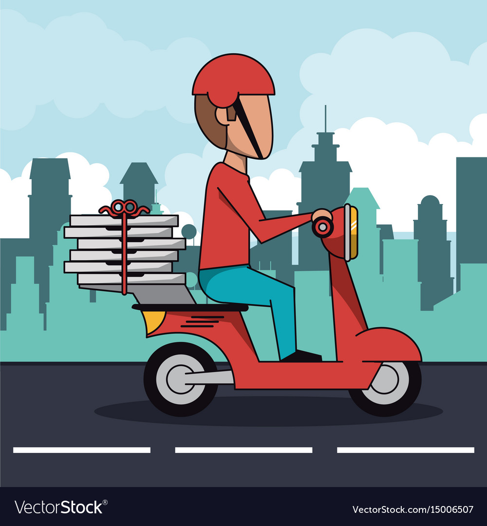 Poster city landscape with fast pizza delivery man