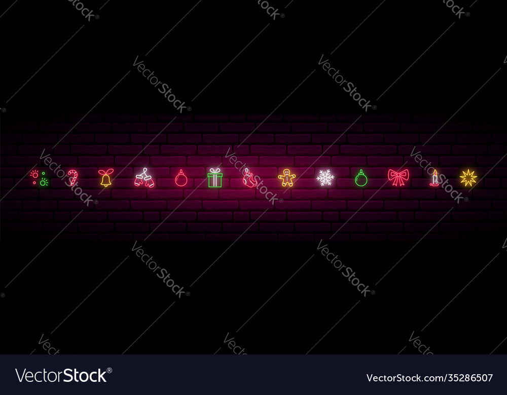 Set decorative christmas elements in neon