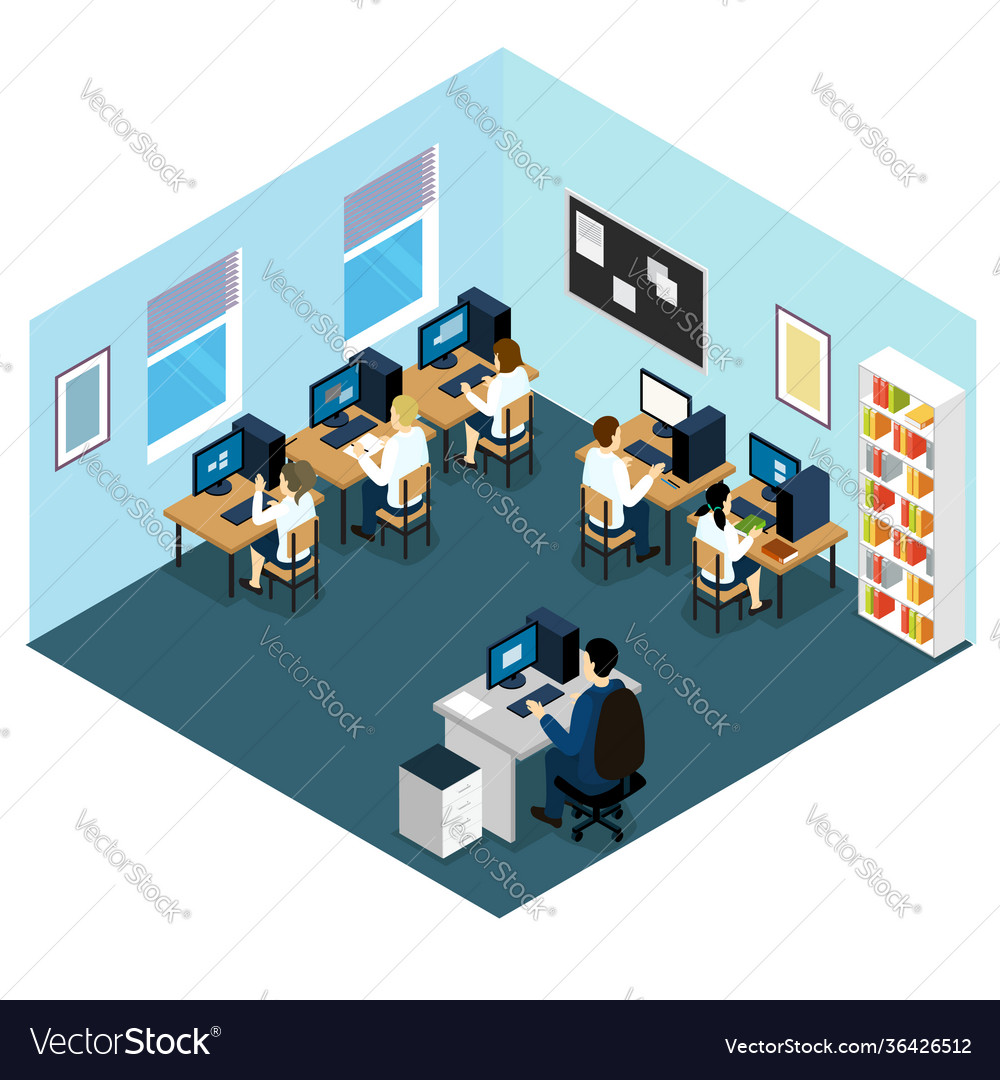 Computer class isometric layout vector image Computer class isometric layout