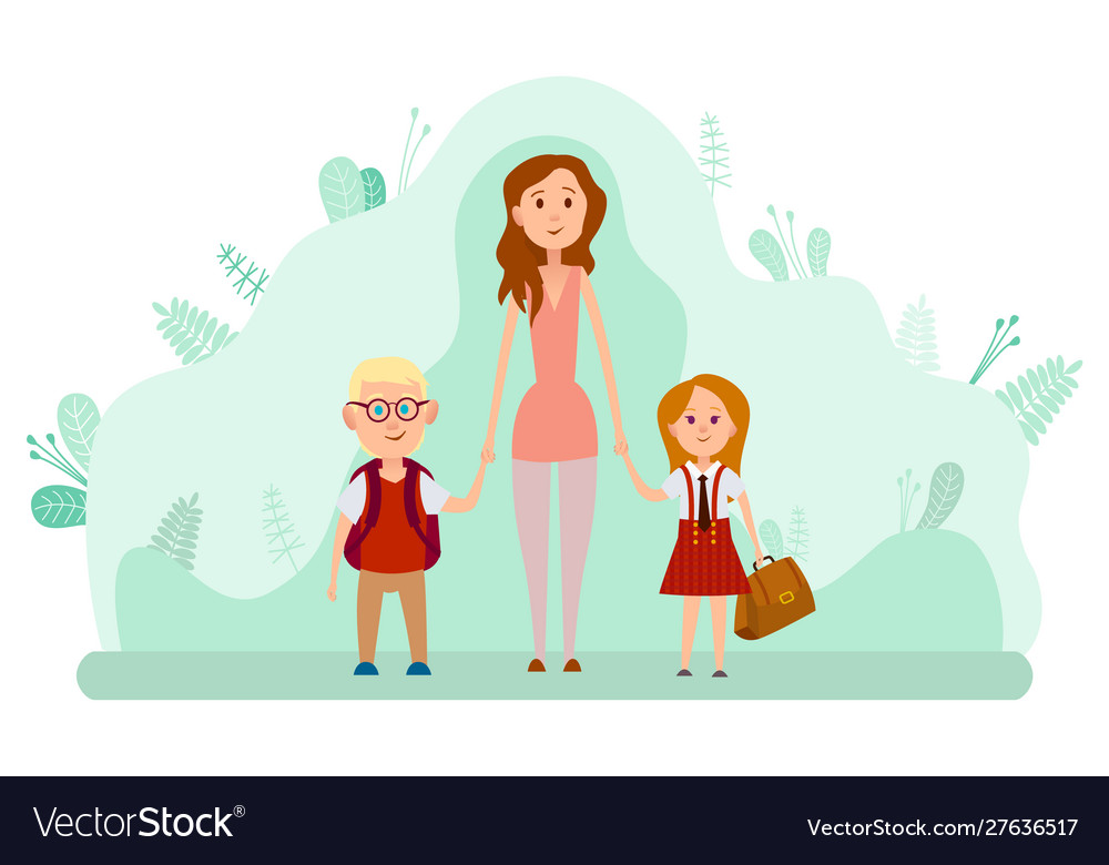 Mother and two happy kids with backpacks isolated