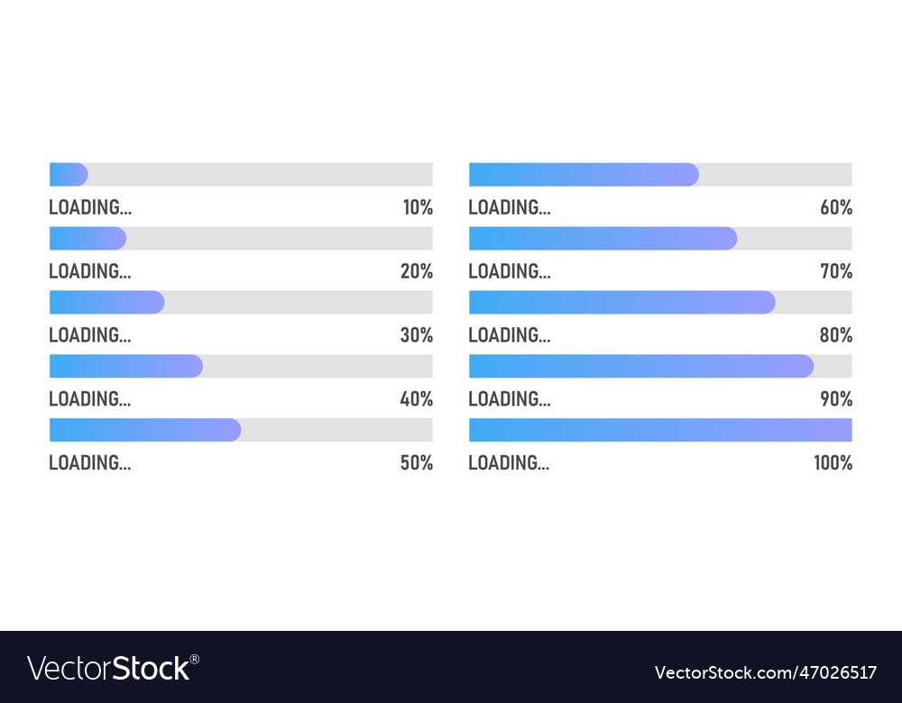 Set of blue gradient loading bar with percentage vector image Set of blue gradient loading bar with percentage