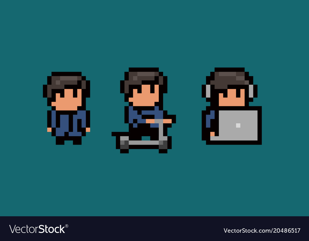 Three pixel art male characters standing still Vector Image