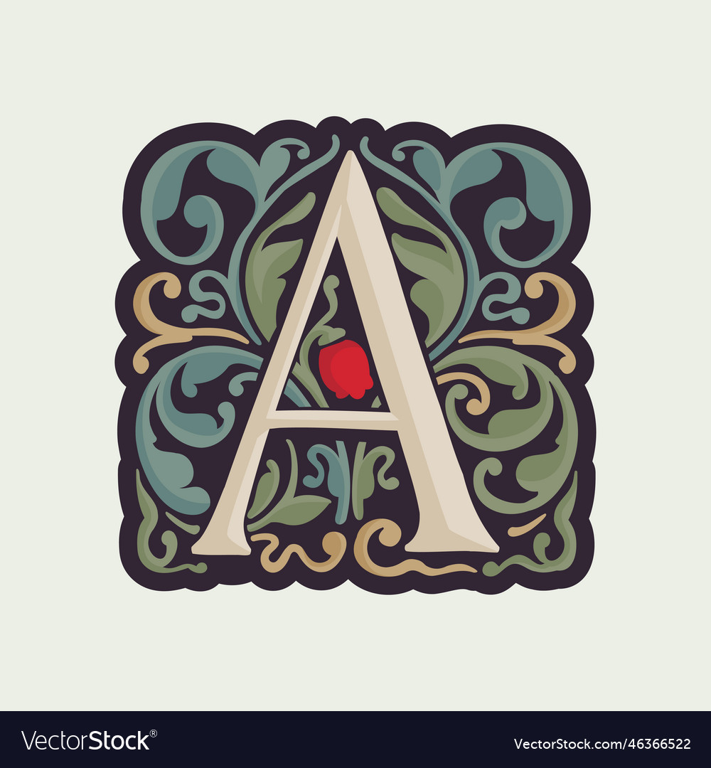 A letter illuminated initial with curve leaf vector image A letter illuminated initial with curve leaf