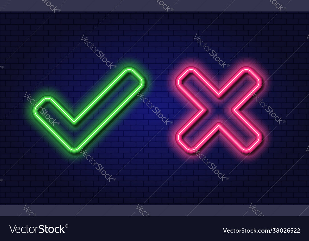Check mark and cross neon elements accept reject