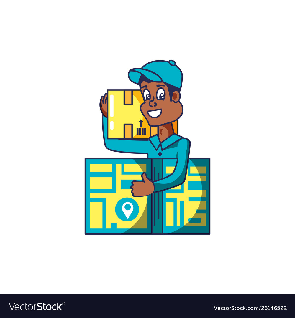 Worker delivery service with box and map guide