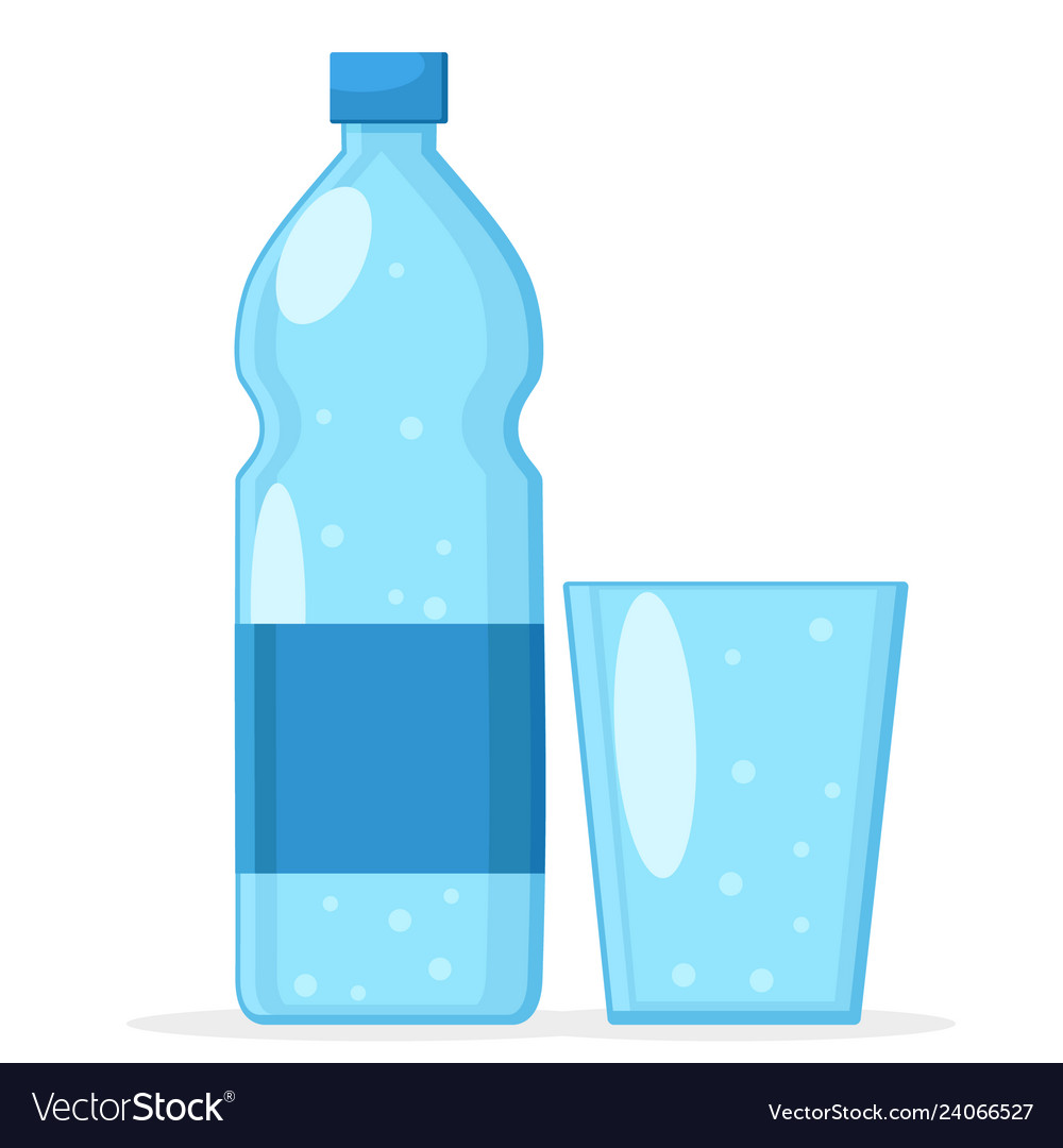 Carbonated water in plastic bottle and glass