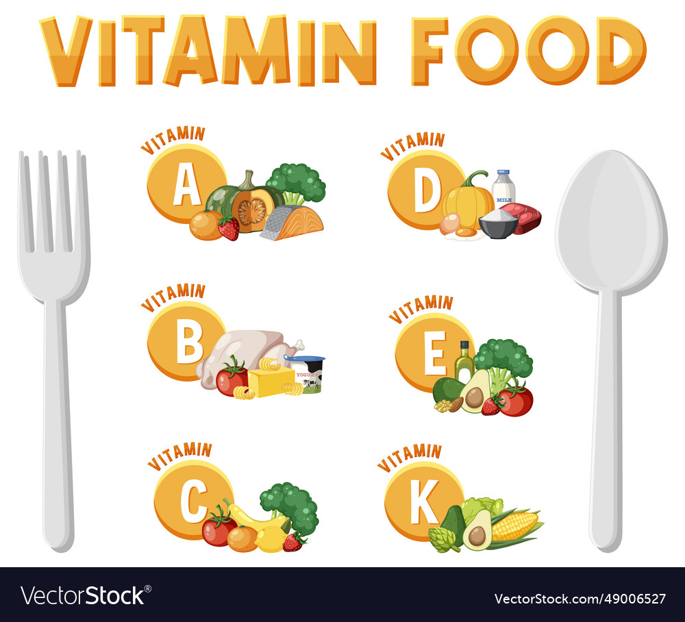 Grouped food with essential vitamins for optimal Vector Image