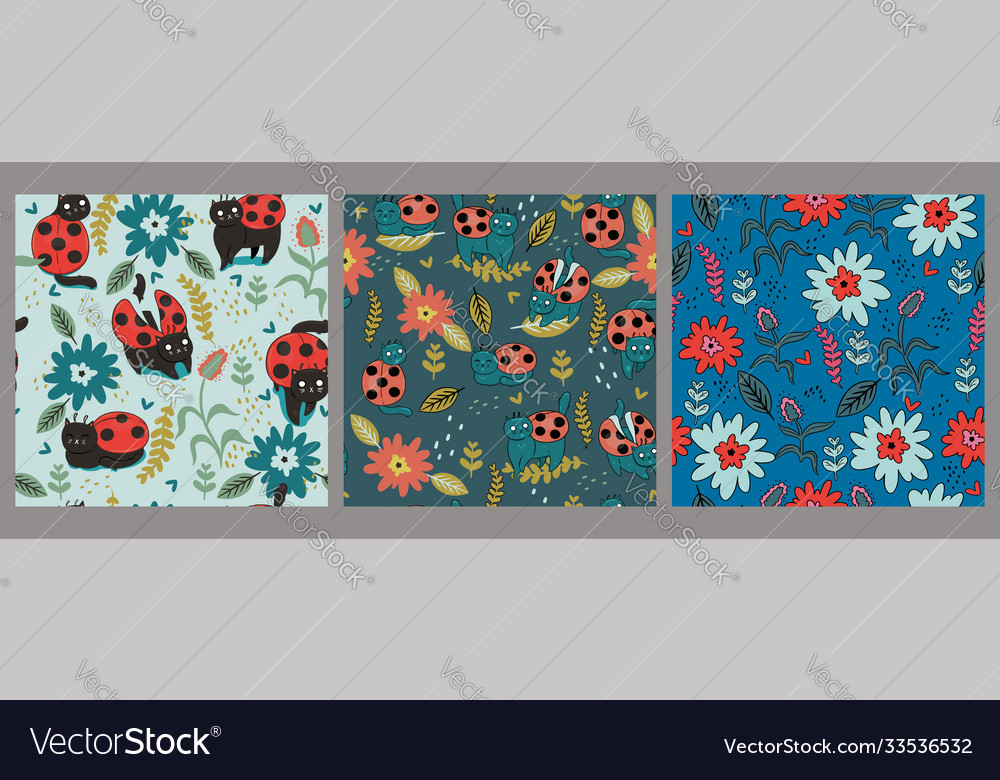 Collection seamless patterns with cat-beetles vector image Collection seamless patterns with cat-beetles