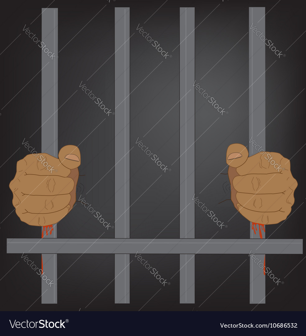 Dramatic hands holding prison bars with blood Vector Image