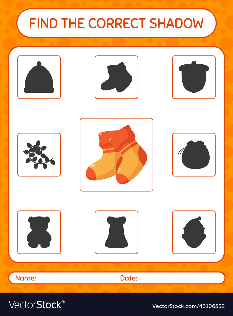 Find the correct shadows game with sock worksheet Vector Image Find the correct shadows game with sock worksheet