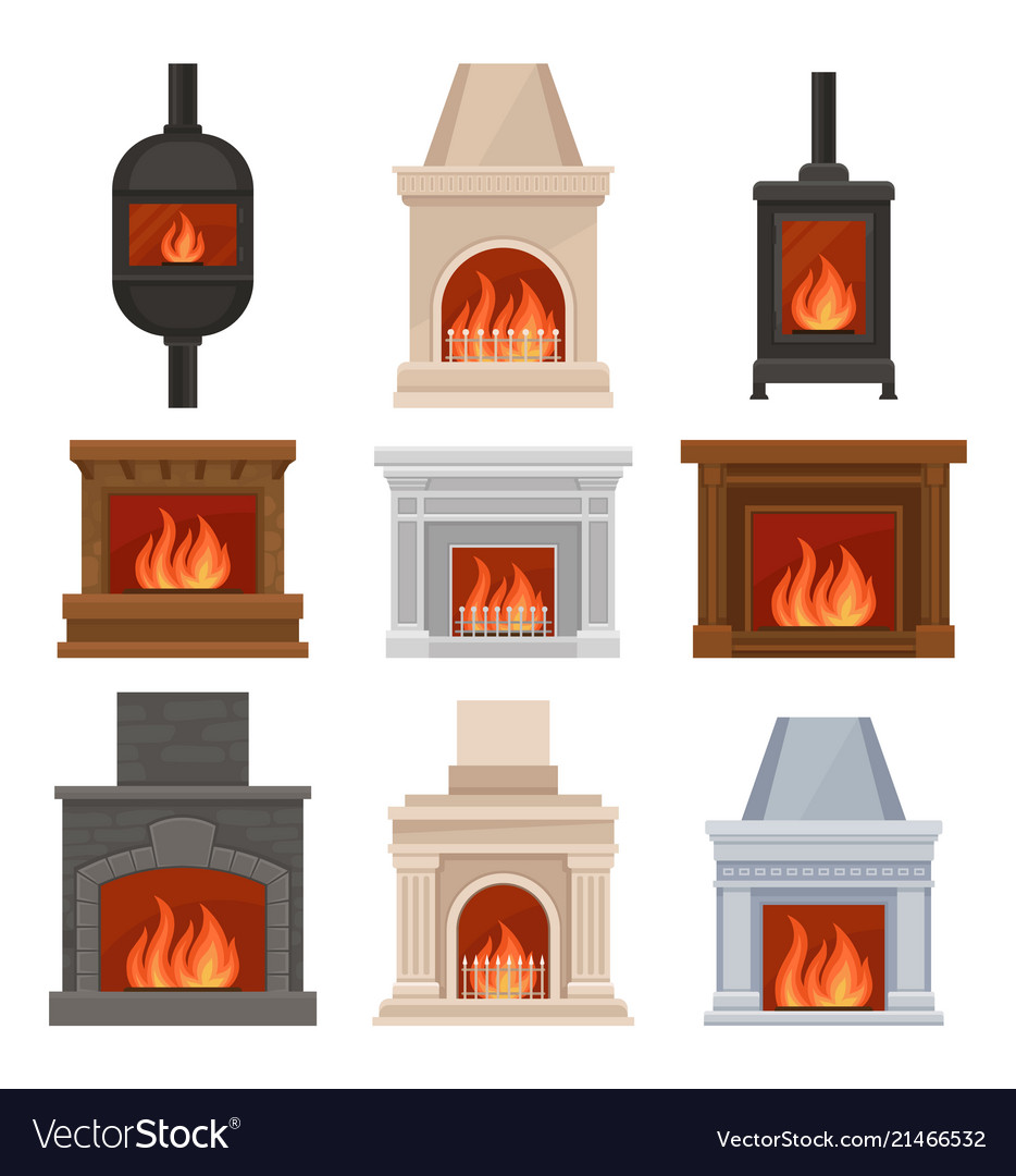 Fireplaces With Fire Set Stone And Cast Iron Vector Image