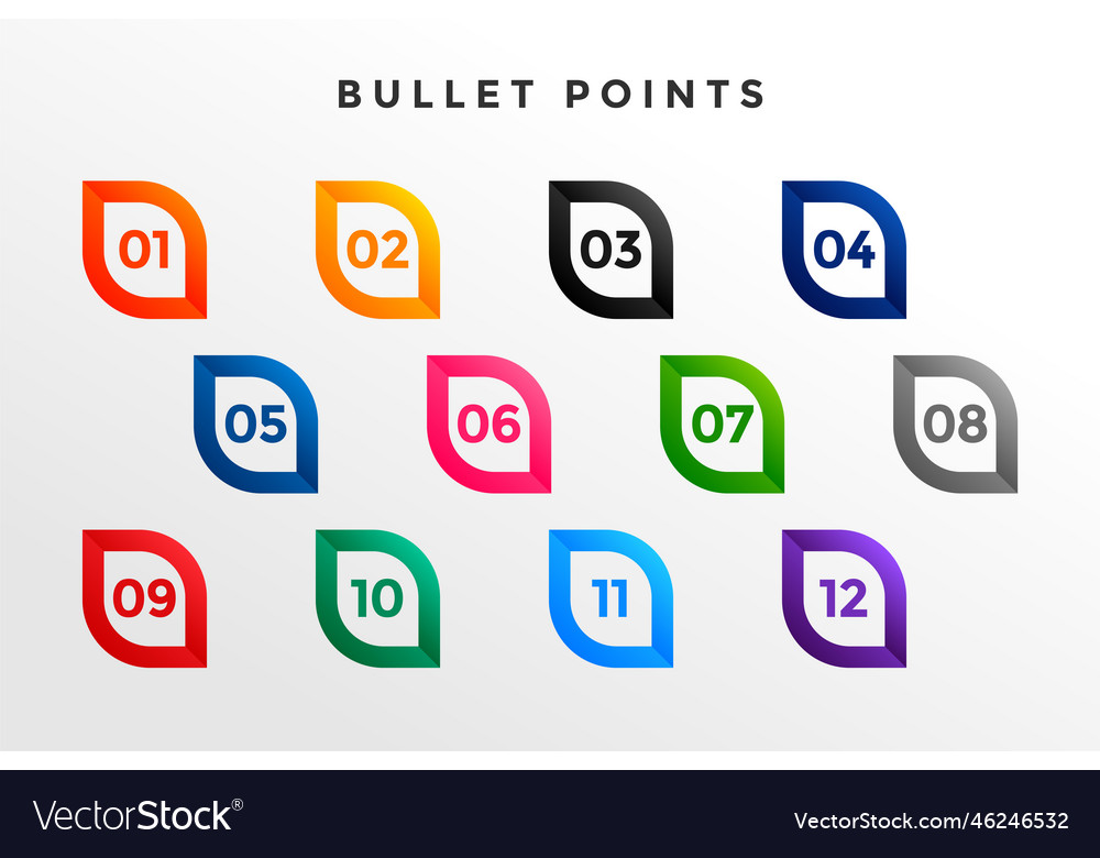 Modern bullet point numbers from one to twelve