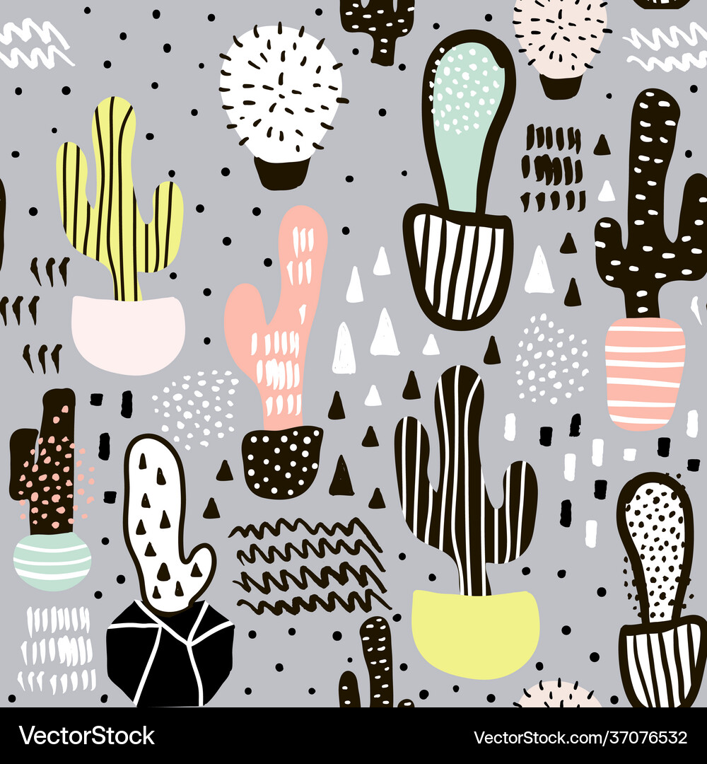 Seamless pattern with cactus and hand drawn Vector Image