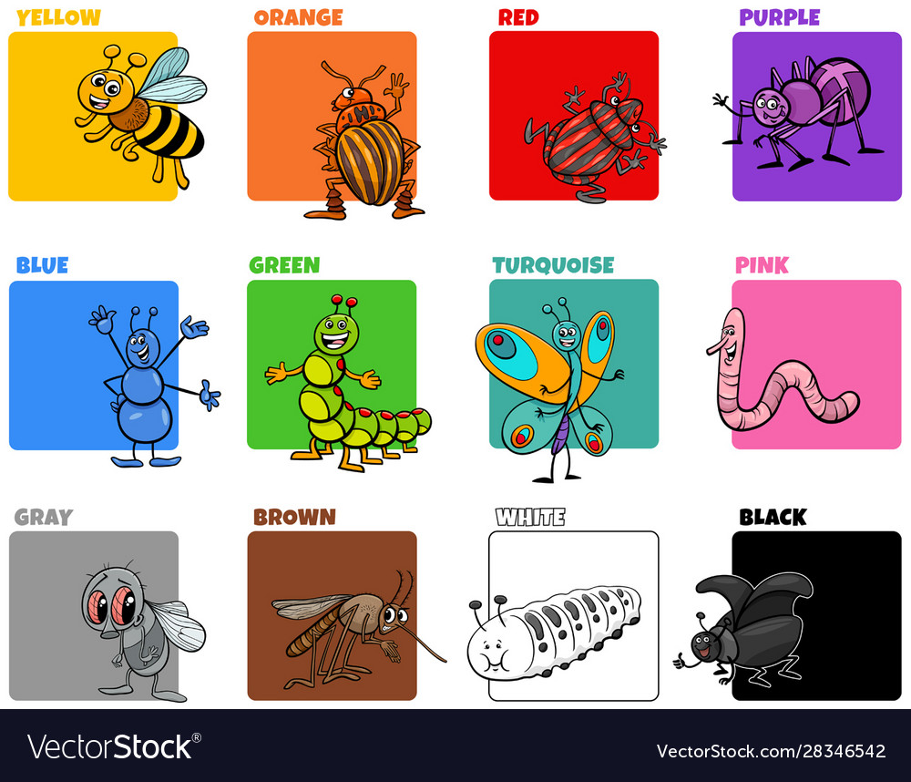 Basic colors set with cartoon insect characters Vector Image Basic colors set with cartoon insect characters Vector Image