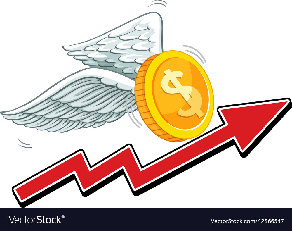 A coin with wings and red arrow going up
