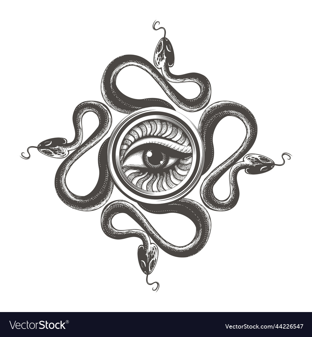 All seeing eye of wisdom and cross of snakes Vector Image