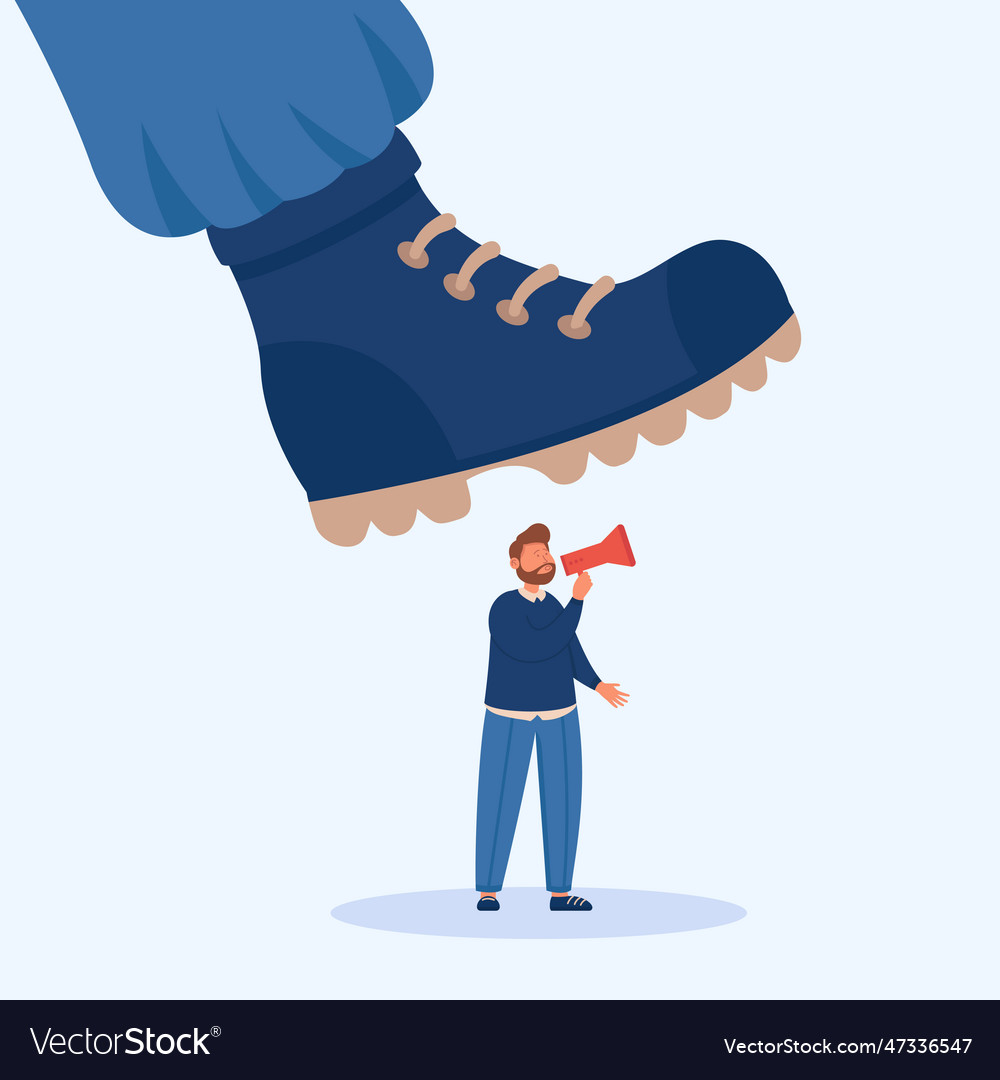 Cartoon man speaking into megaphone under giant vector image Cartoon man speaking into megaphone under giant