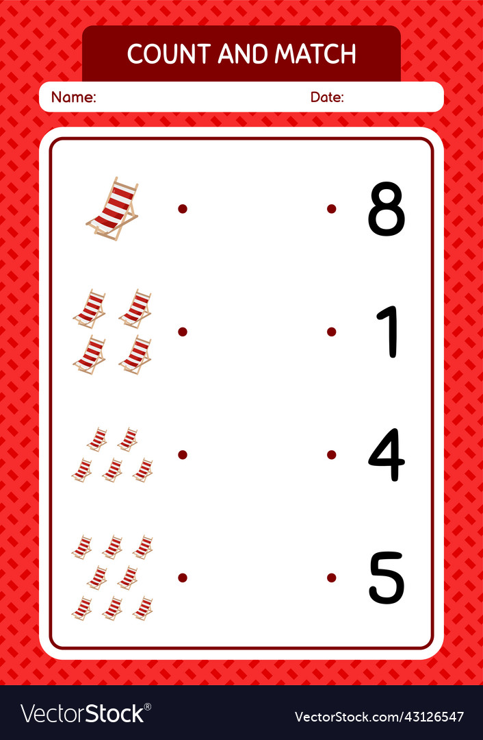 Count and match game with beach bench worksheet