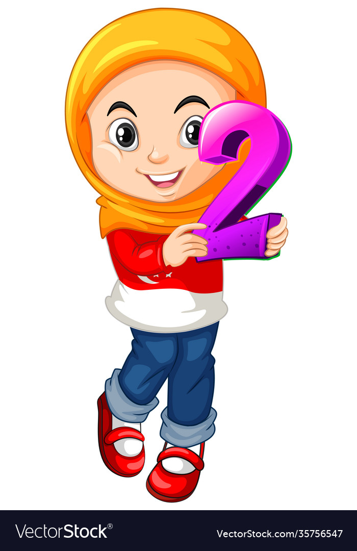 Muslim girl wearing hijab holding math number two