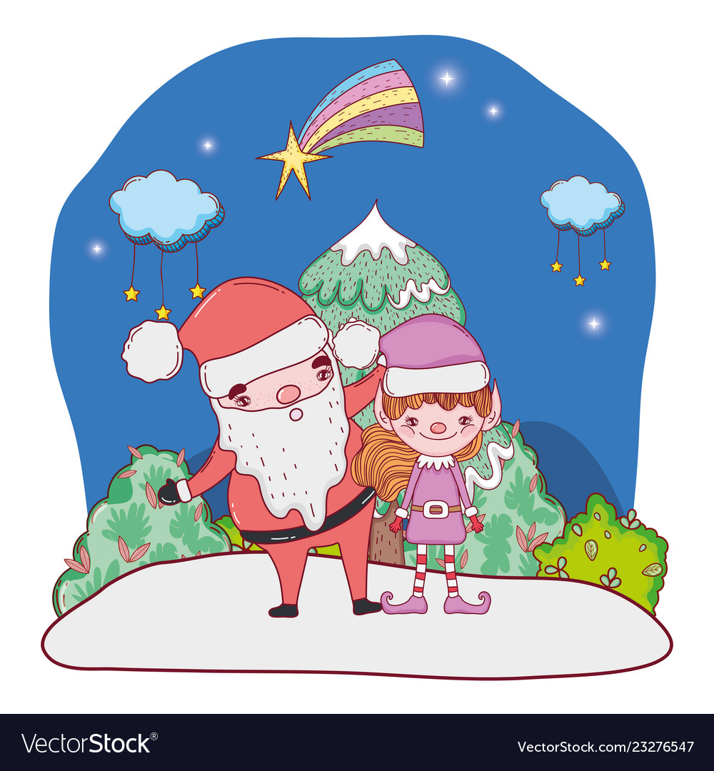 Santa claus with tree and helper in the snowscape