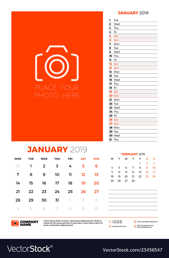 Wall calendar planner template for january 2019 vector image Wall calendar planner template for january 2019