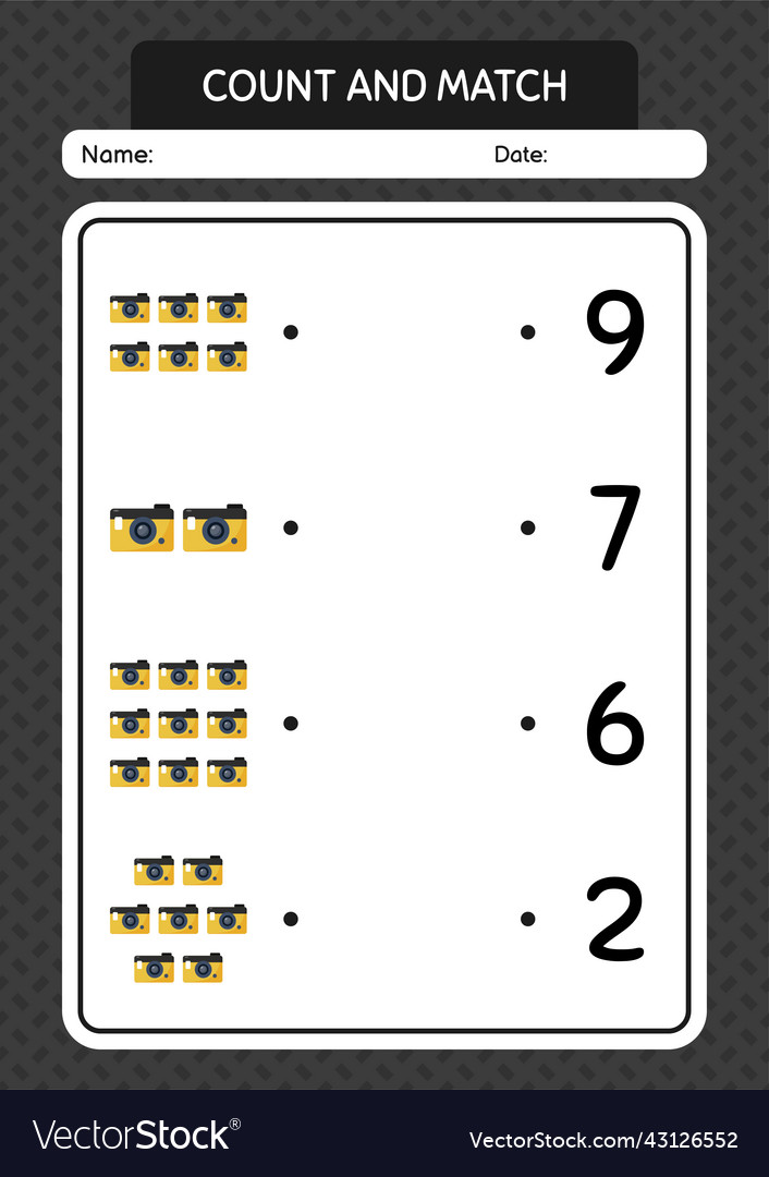 Count and match game with camera worksheet