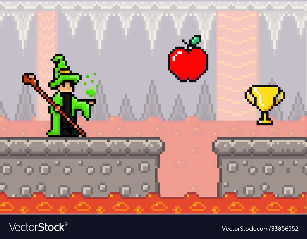 Pixel art game scene with concrete plarforms