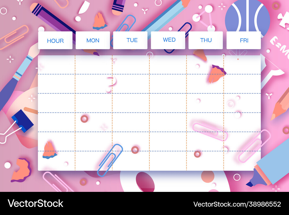 School weekly timetable equipment on every Vector Image