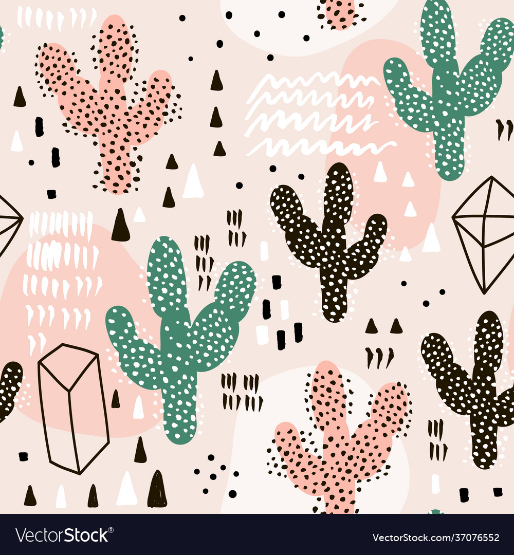 Seamless pattern with cactusesgeometric shapes vector image Seamless pattern with cactusesgeometric shapes
