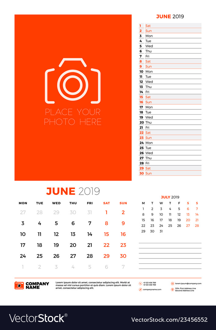 Wall calendar planner template for june 2019 week