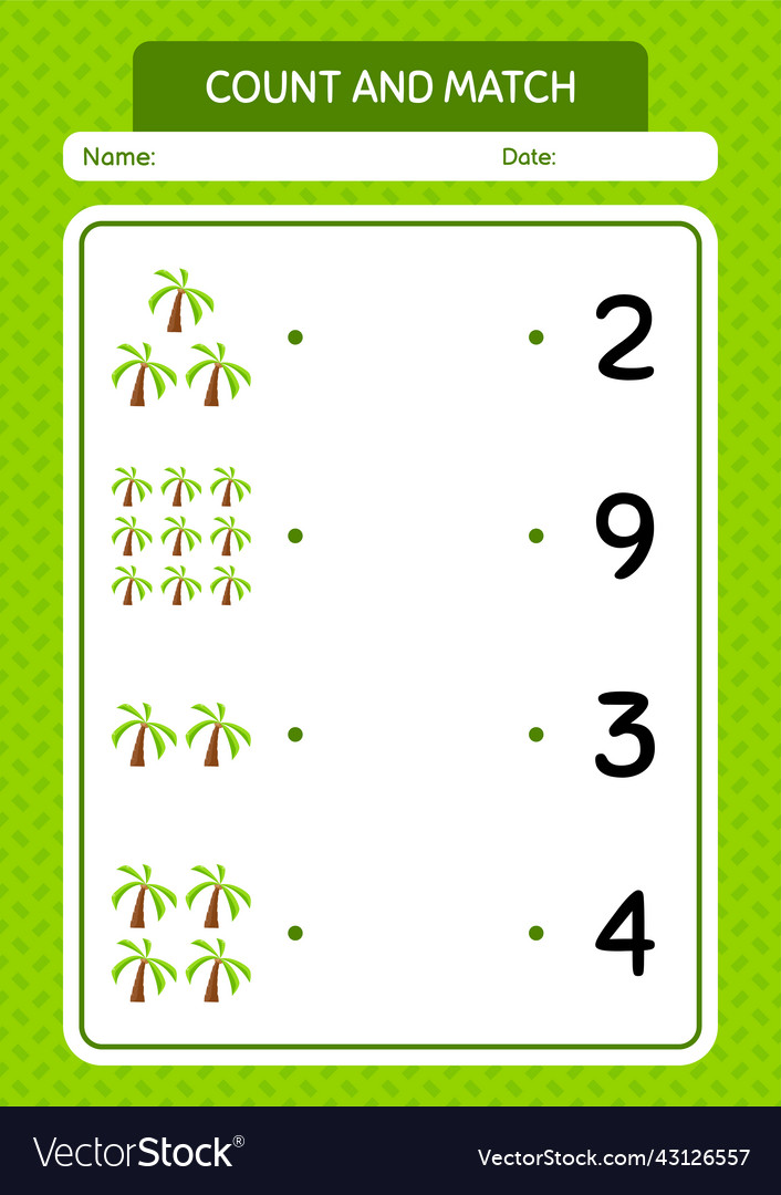 Count and match game with coconut tree worksheet vector image Count and match game with coconut tree worksheet