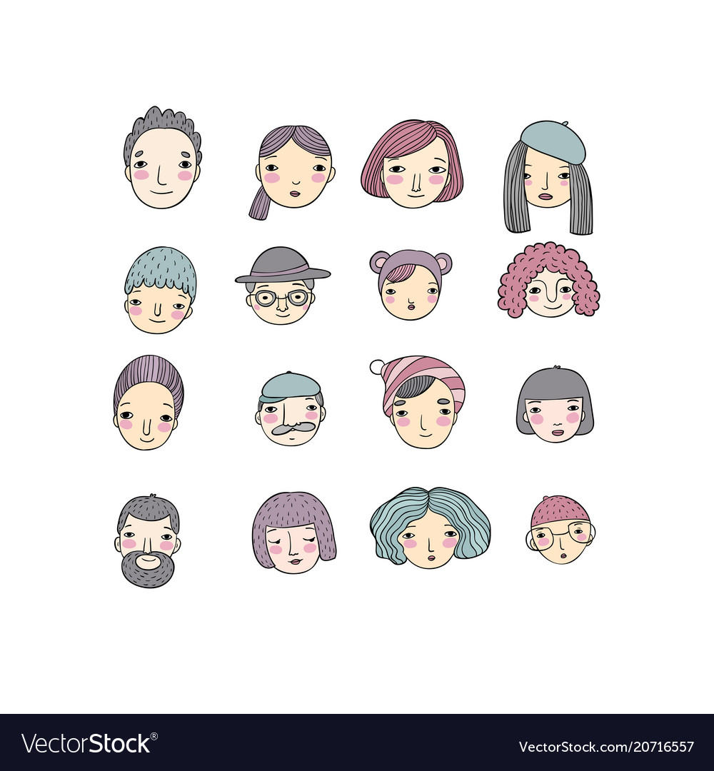 Different faces hand drawing isolated objects vector image Different faces hand drawing isolated objects