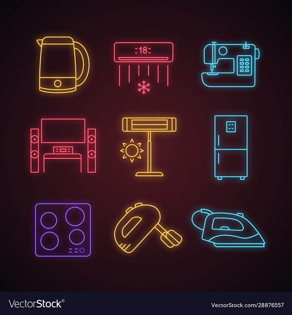 Household appliance neon light icons set