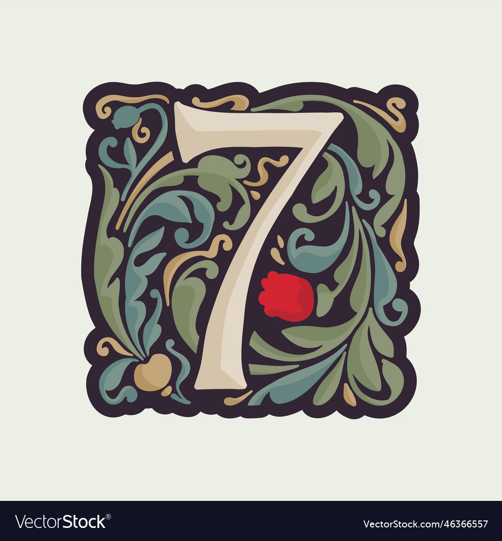 Number seven illuminated initial with curve leaf Vector Image