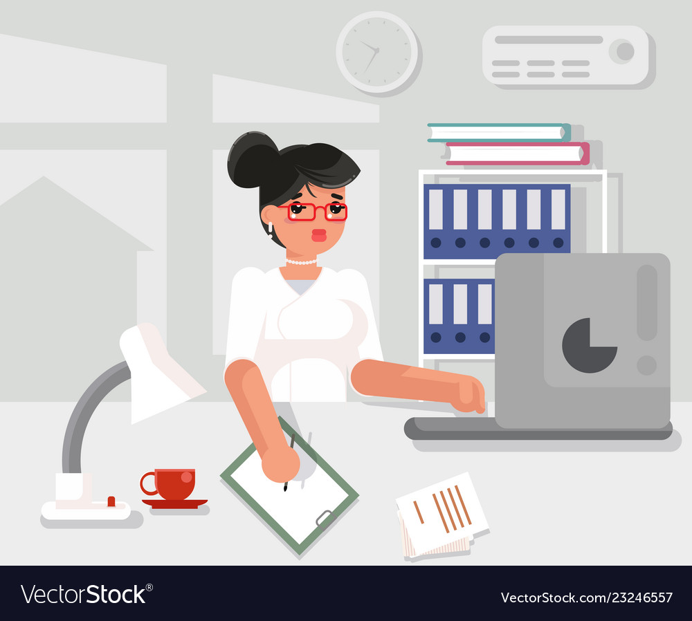 Secretary Character Working Office Desk Flat Vector Image