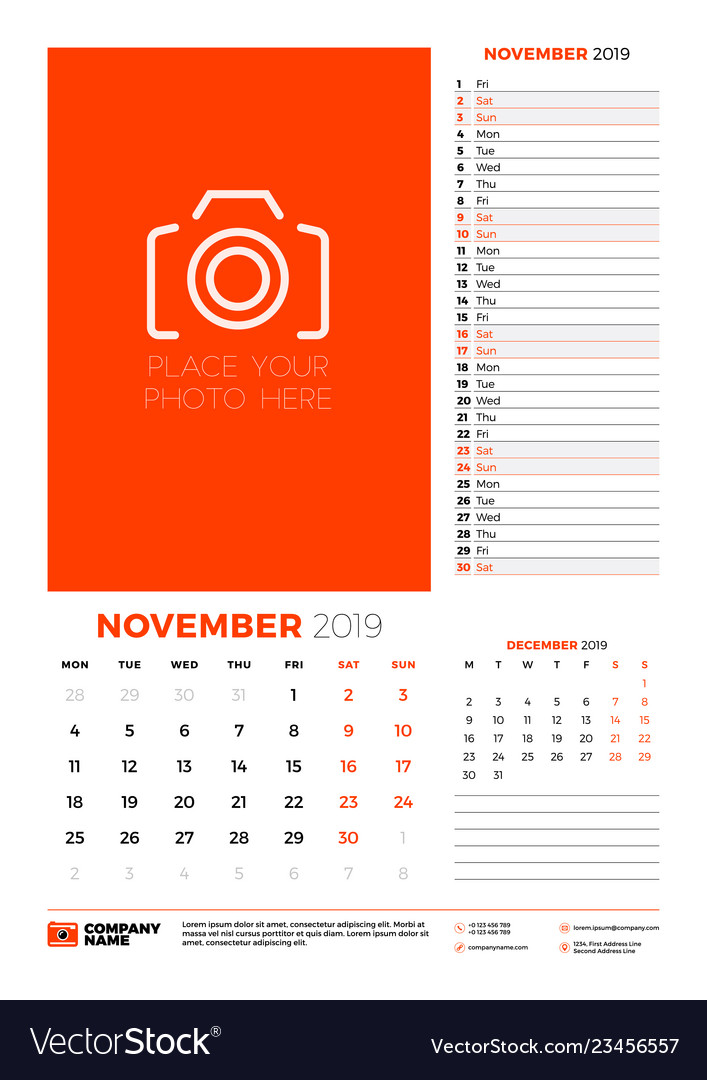 Wall calendar planner template for november 2019 vector image Wall calendar planner template for november 2019