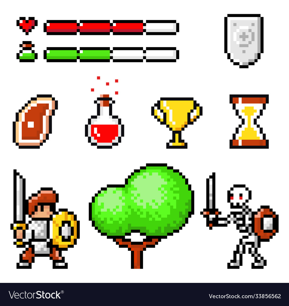 Collection pixel 8-bit objects for game