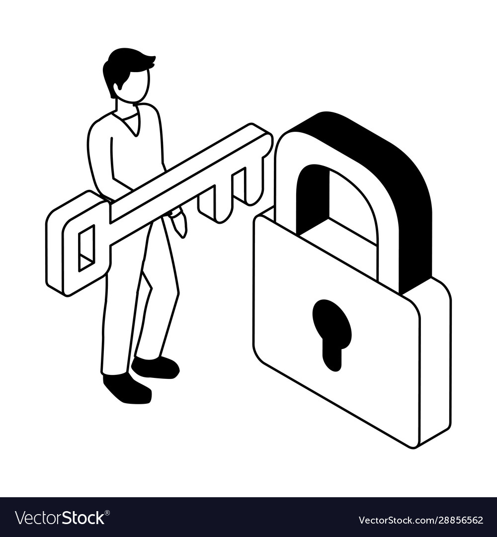 Man with security padlock and key on white Vector Image Man with security padlock and key on white