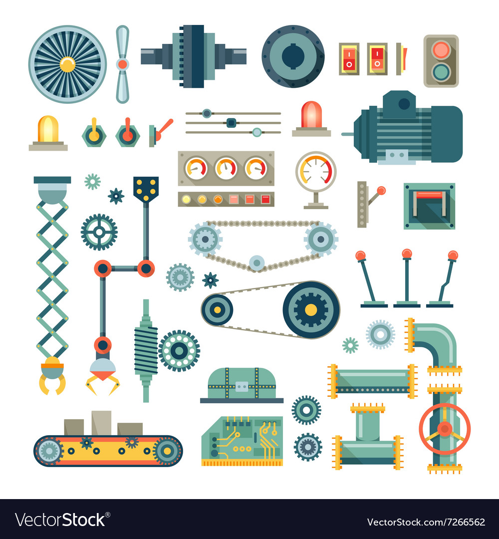 Parts machinery and robot flat icons set Vector Image