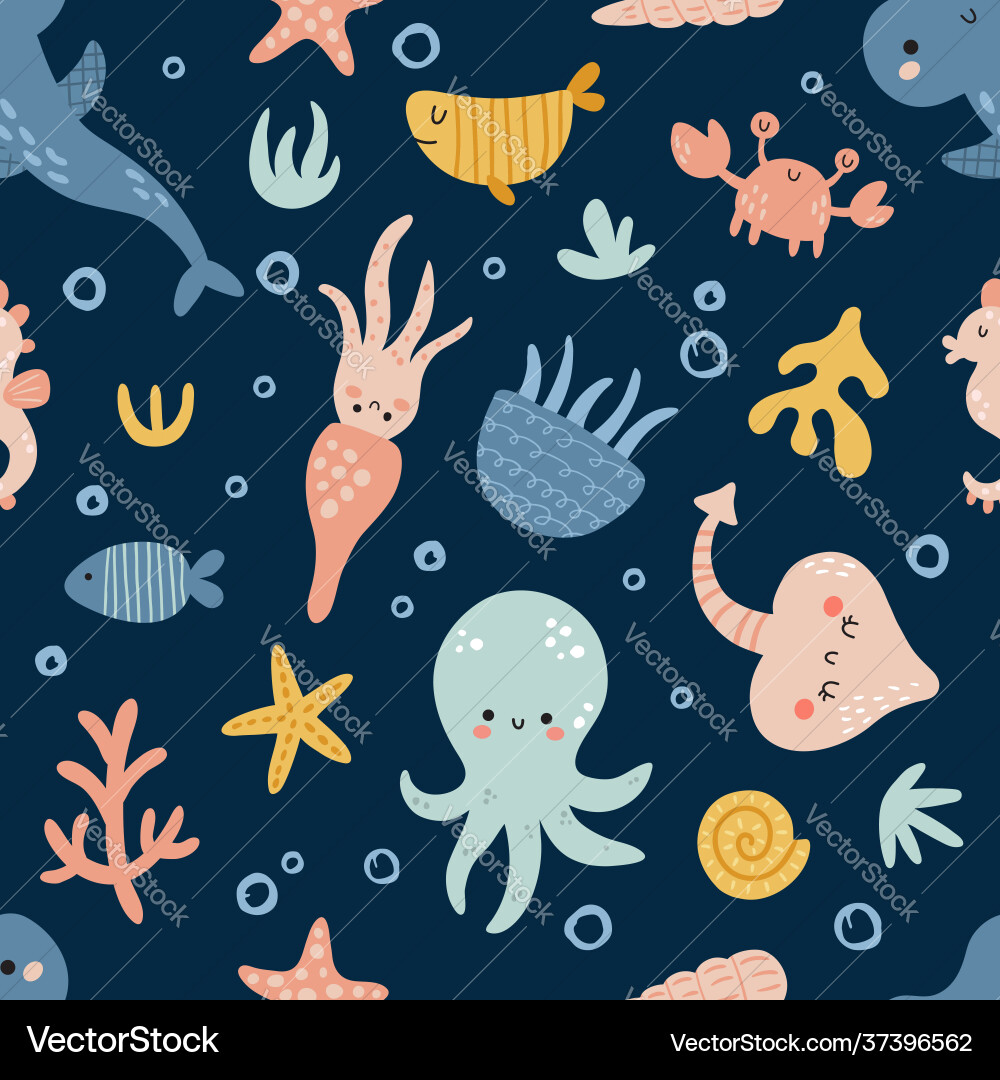 Seamless pattern cute sea creatures Royalty Free Vector