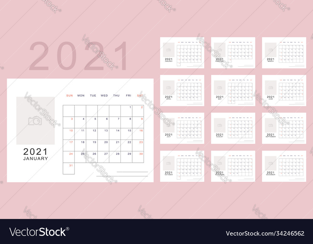 Simple pink minimalistic calendar new 2021 year vector image Simple pink minimalistic calendar new 2021 year