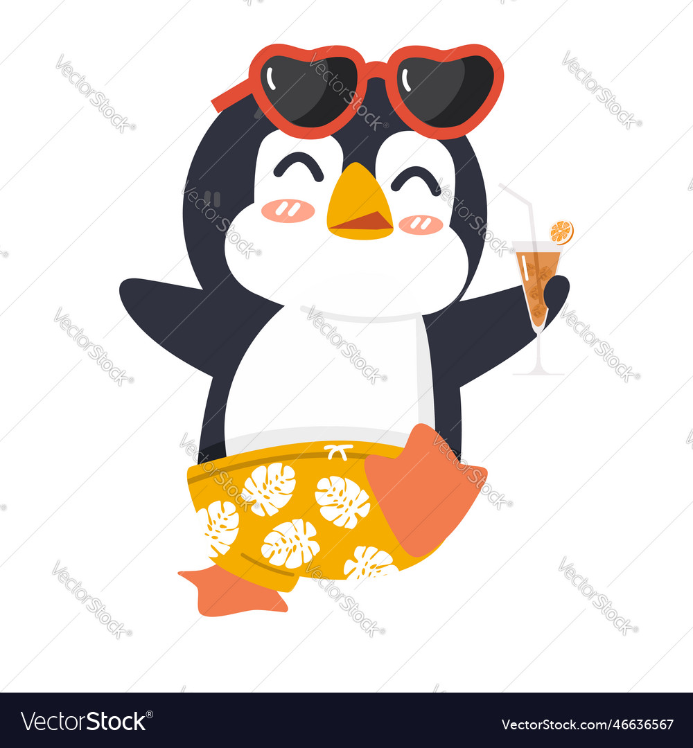 Cartoon penguin holding cocktail flat