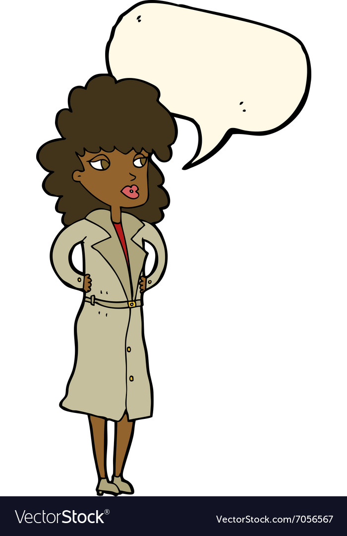 Cartoon woman in trench coat with speech bubble