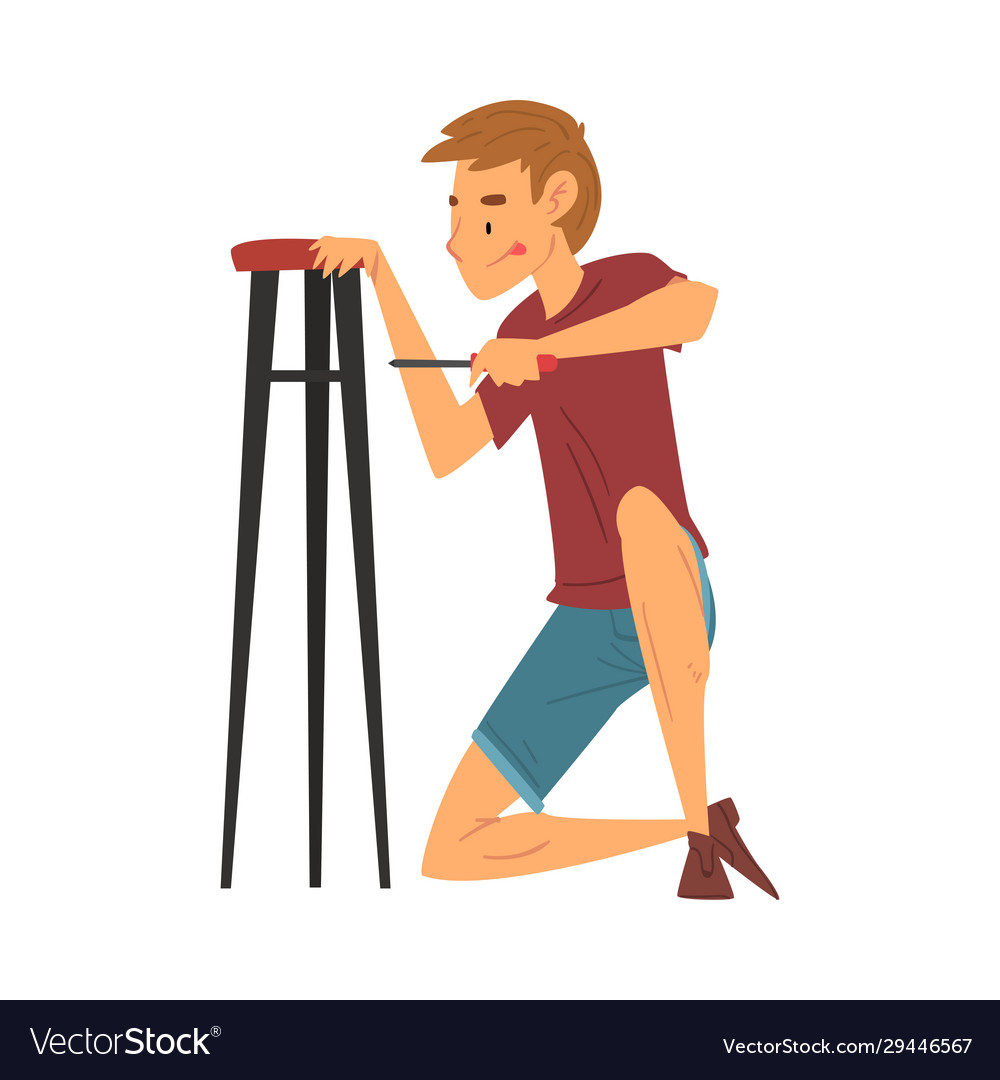 Man assembling and installing new furniture vector image Man assembling and installing new furniture
