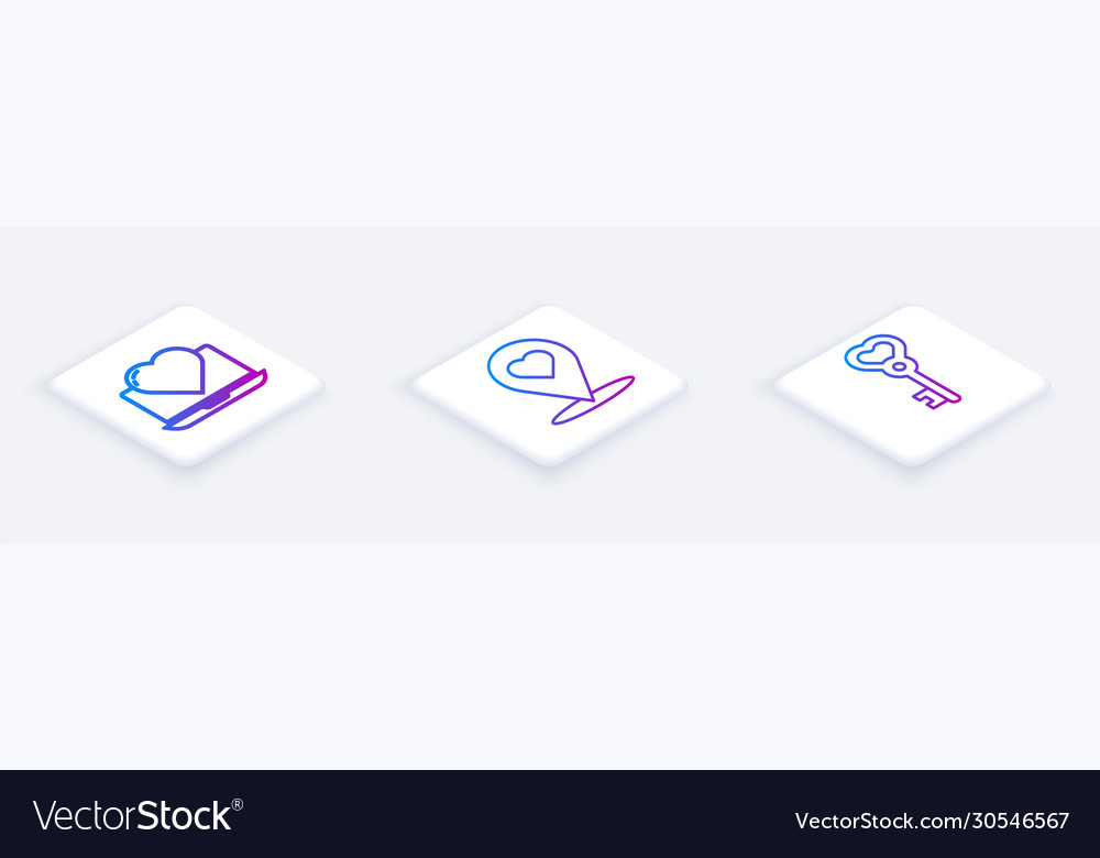 Set isometric line laptop with heart map pointer vector image Set isometric line laptop with heart map pointer