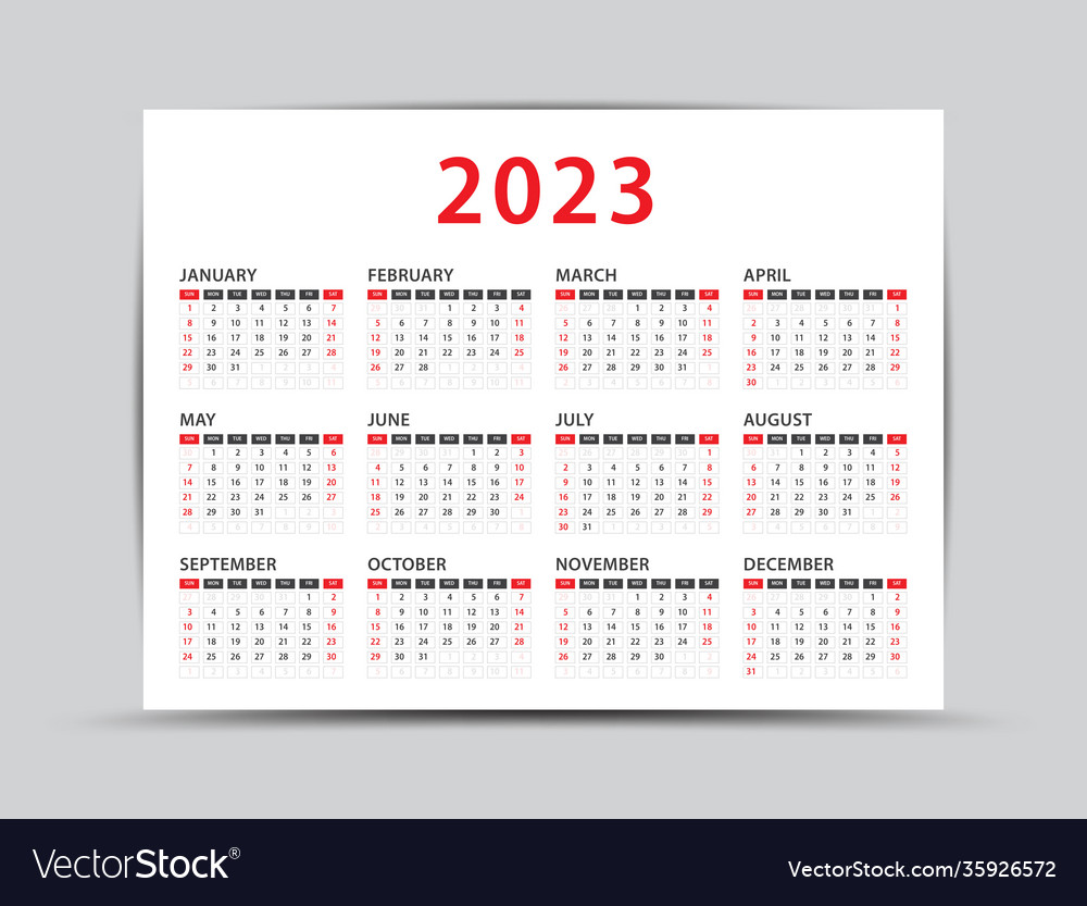 2023 Yearly Calendar 12 Months Yearly Royalty Free Vector