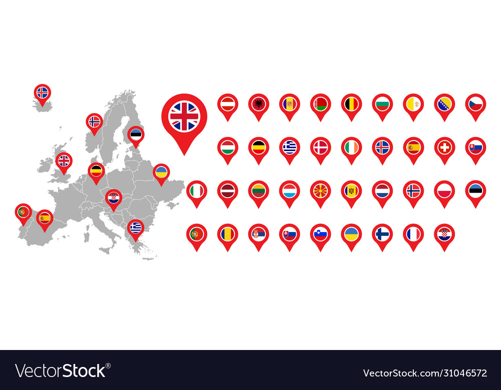 Map europe with 38 pointer flag set vector image Map europe with 38 pointer flag set